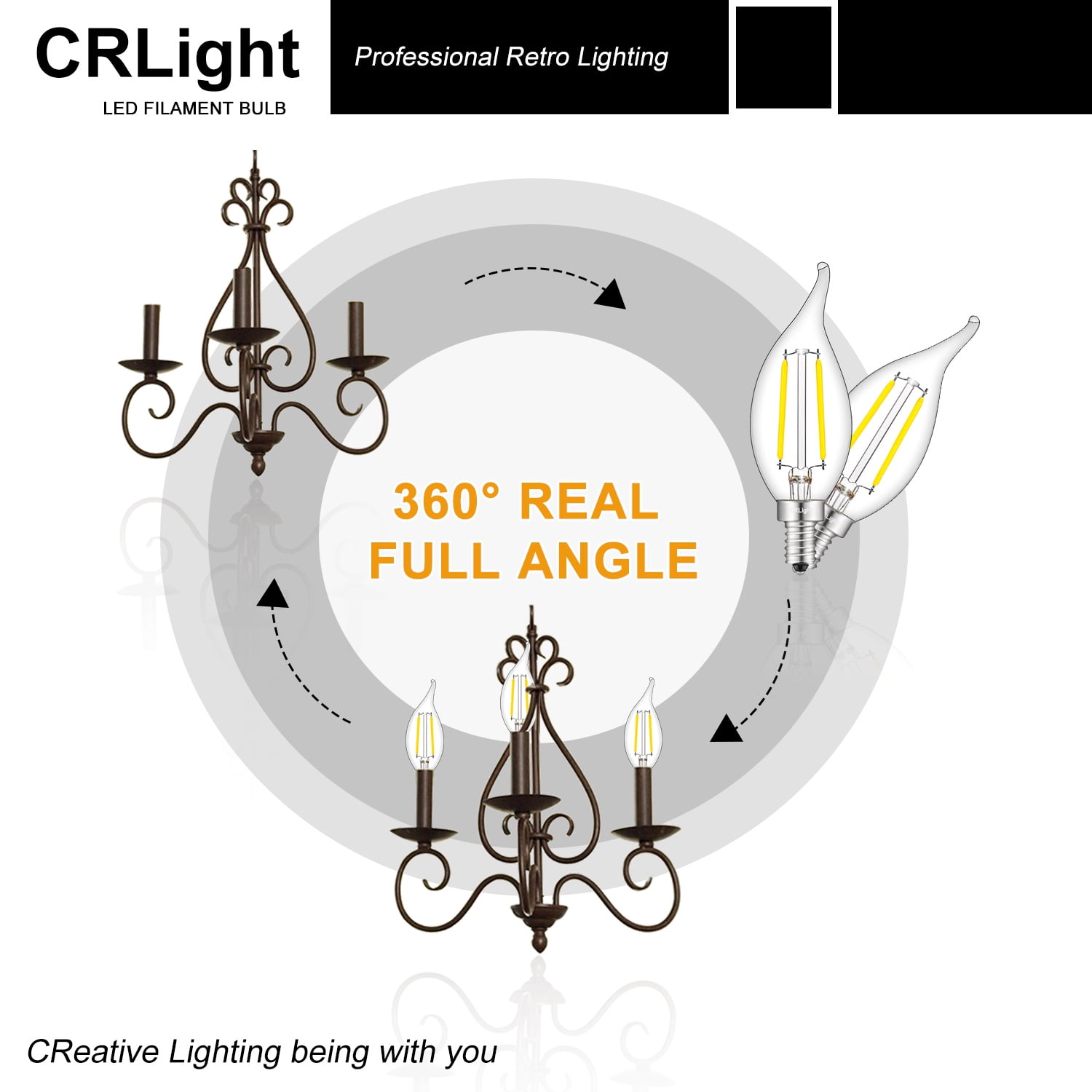 CRLight LED Candelabra Bulb 5000K Daylight White, 25W Equivalent 250LM, 2W LED Chandelier Light Bulbs, E12 Antique Edison CA11 Clear Glass Candle Bulbs, Non-dimmable, 12 Pack