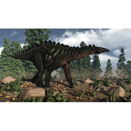 Elena Pine Miragaia dinosaur walking near Wollemi pines Stretched Canvas - Elena DuvernayStocktrek Images (19 x 11) ()