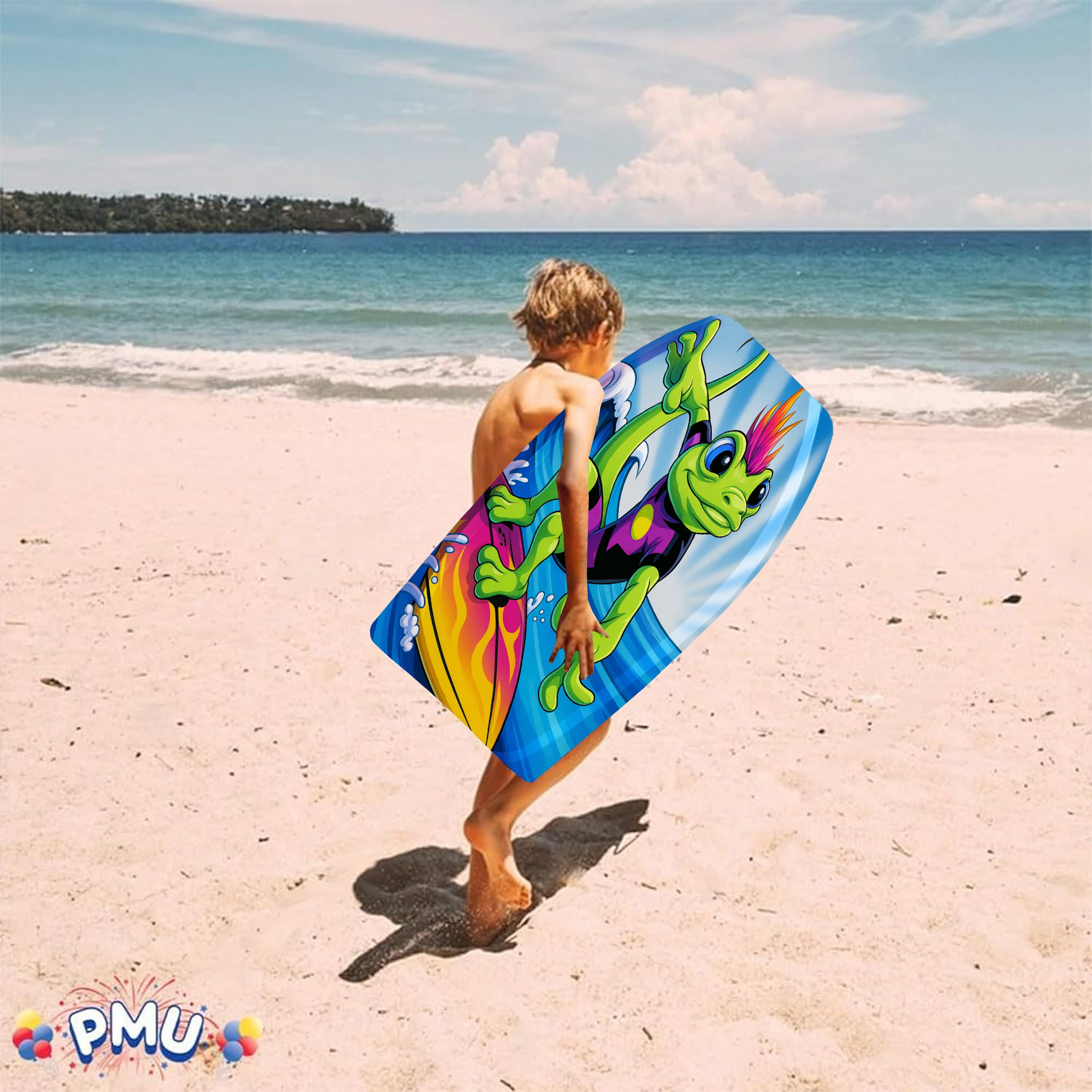 PMU 33 Inch Lizard Printed Bodyboard - Lightweight Wrist Leash Slick Bottom Boogie Board for Beach, Sea & Pool - Surfing Board for Kids, Teens & Adults Wave Conditions Pkg/1