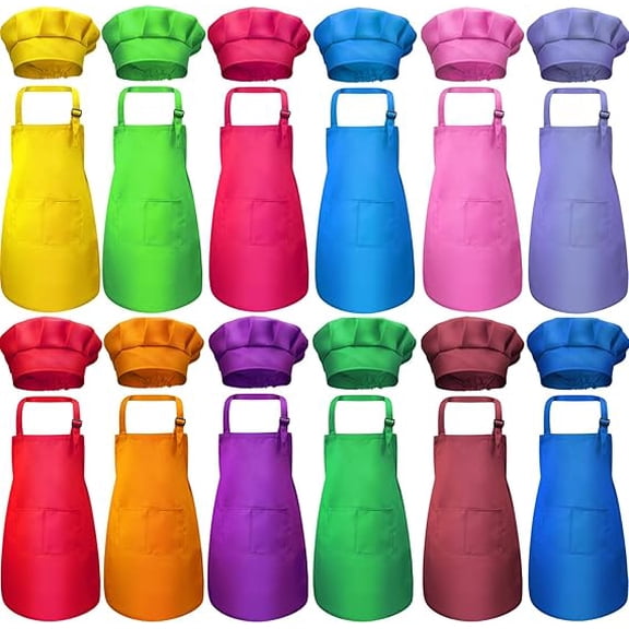 12 Pieces Kids Apron and 12 Pieces Chef Hat, Child's Adjustable Aprons and Chef Hat Kitchen Bib Aprons with 2 Pockets for Boy Girls Kitchen Cooking Baking Wear(Multi-colors, L for 7-13 Age)