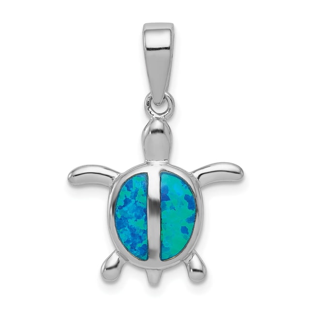 925 Sterling Silver Created Blue Opal Sea Turtle Necklace Pendant Charm Fish Life