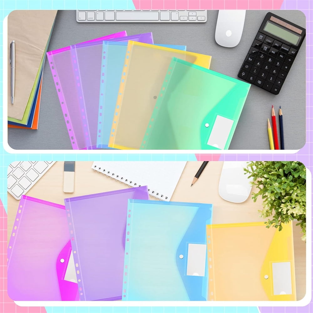 6 Assorted Color Document Folders,Plastic Binder Pocket with Snap Button and Lable,11 Holes Poly Filing Envelopes,Letter A4 Size Expandable File Pouch,Home Work Office Organizer,Set of 12