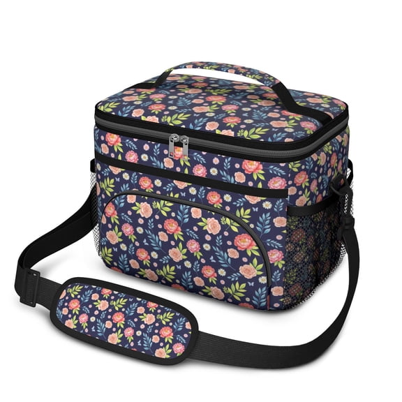 Lunch Box Pioneer Flower Floral Print Pattern Insulated Lunch Bag for Women Men,Medium Leakproof Lunchbox Cooler Bag Adjustable Strap,10 X 6.7 X 8 Inches
