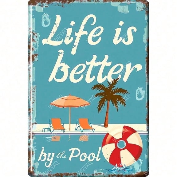 HELLOYOUNG Vintage Metal Wall Art "Life Is Better By The Pool" Coastal Palm Tree Sign for Rustic Beach House Decor Indoor Outdoor