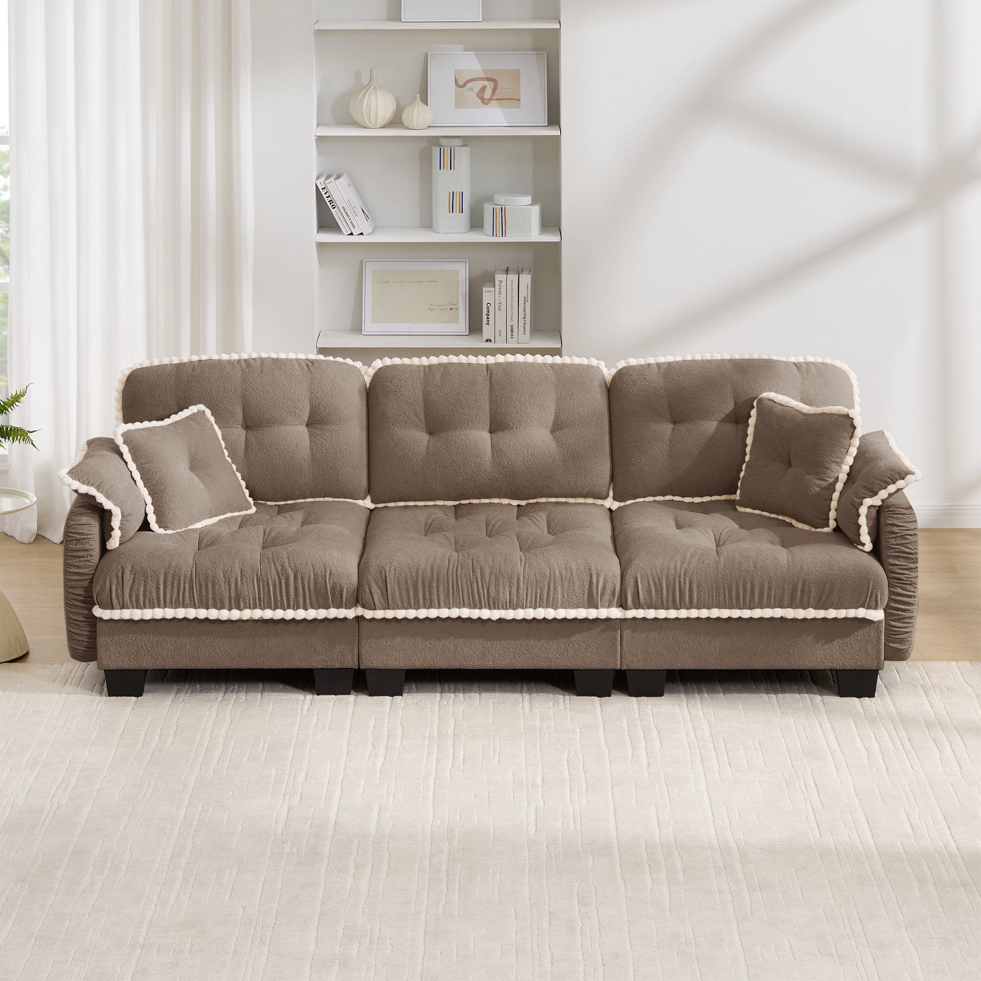 Anpport 100" Chenille Cloud 3‑Seater Sofa with 4 Pillows, Pom‑Pom Trim, Quilted Tufted Ergonomic, Easy Assembly Deep Seat for Living Room Apartment, Brown