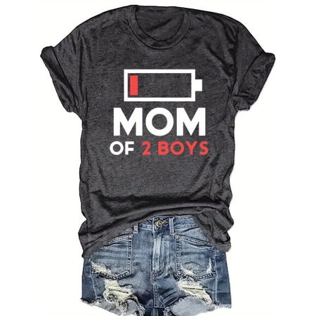 Funny Low Battery Mom Life T-Shirt Retro Tired Mother Graphic Tee Casual Short Sleeve Cotton Top for Women Grey