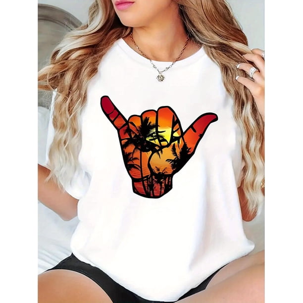 Camiseta De Manga Corta Con Cuello Redondo Para Mujer, Camisetas De Verano Para Uso Diario Y ViajesCreative Sunset Gesture Pattern Print Women'S Trendy Round Neck Short Sleeve, Simple Casual Sports