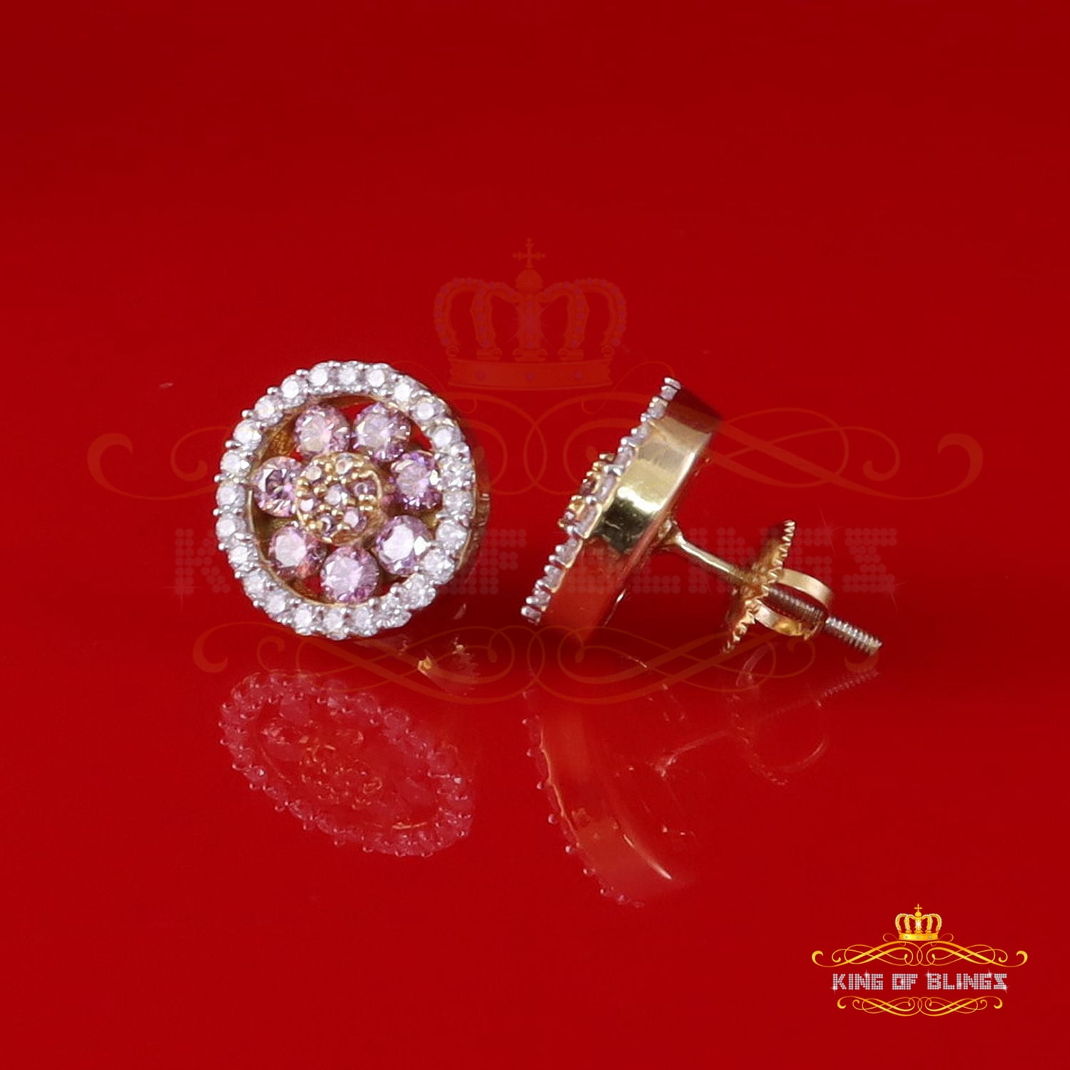 King of Bling's 925 Silver Yellow 1.50ct VVS D Pink Moissanite Round Men's/Women's Stud Earrings