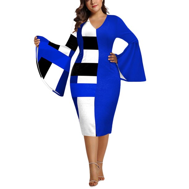 SAYOO Vestido de talla grande para mujer, manga acampanada, cuello en V, contraste de color, rayas onduladas, vestidos ajustados SAYOO XL 2XL 3XL 4XL 5XL
