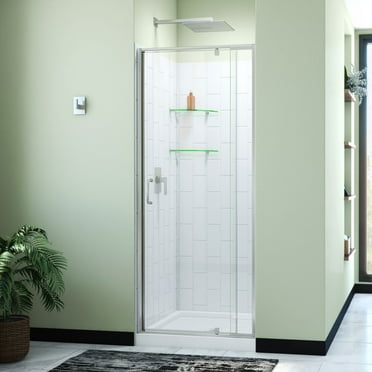 32" x 32" x 78.75"(L x W x H) Pivot Shower Door, Base, and White Wall Kit in Brushed Nickel