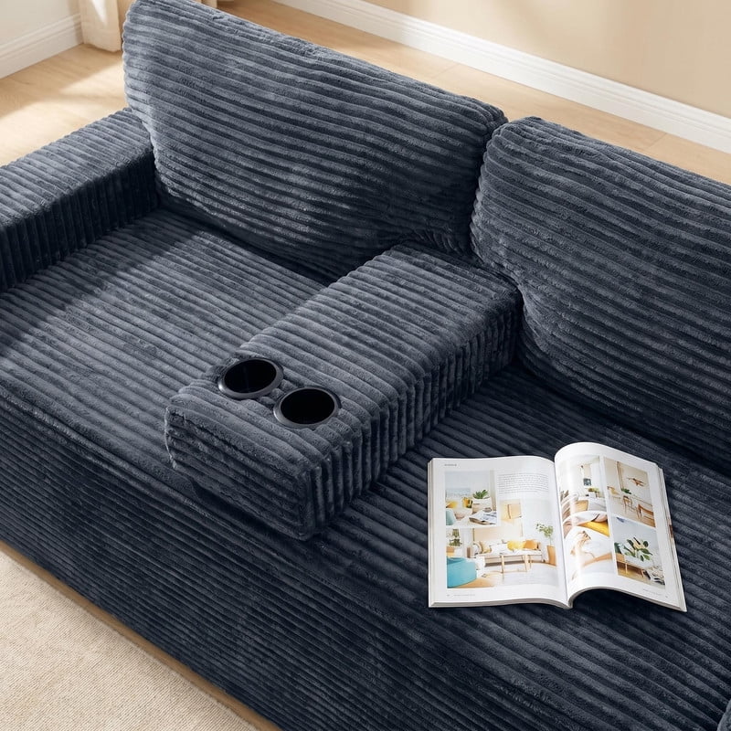 Compression Corduroy Floor Sofa No-Leg Couch, Loveseat with Built-in Cup Holders and Side Storage Pocket
