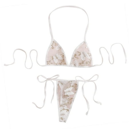 Lingerie Sexy Bra and Panty Bikini Set for Women Lace Up Negligees Women Sexy Transparent Neck Hanging Underwear Set