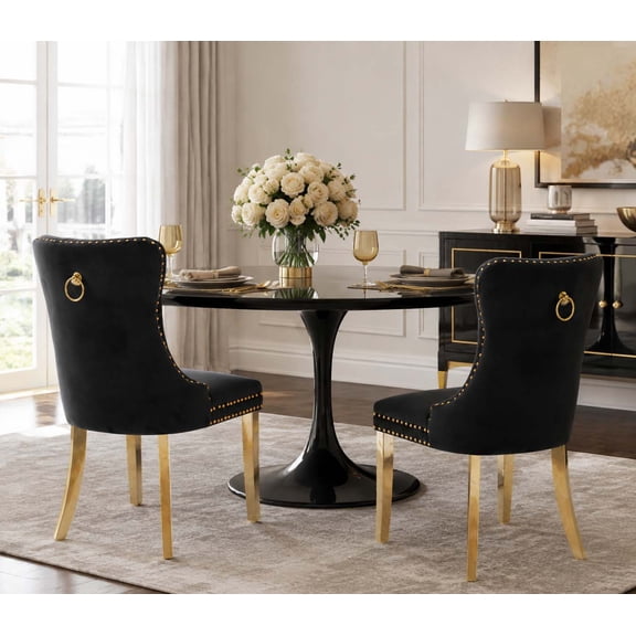 Black Velvet Dining Chairs Set of 2, Upholstered Tufted Kitchen Chairs with Gold Metal Legs, Luxury Comfortable Seating for Dining Room