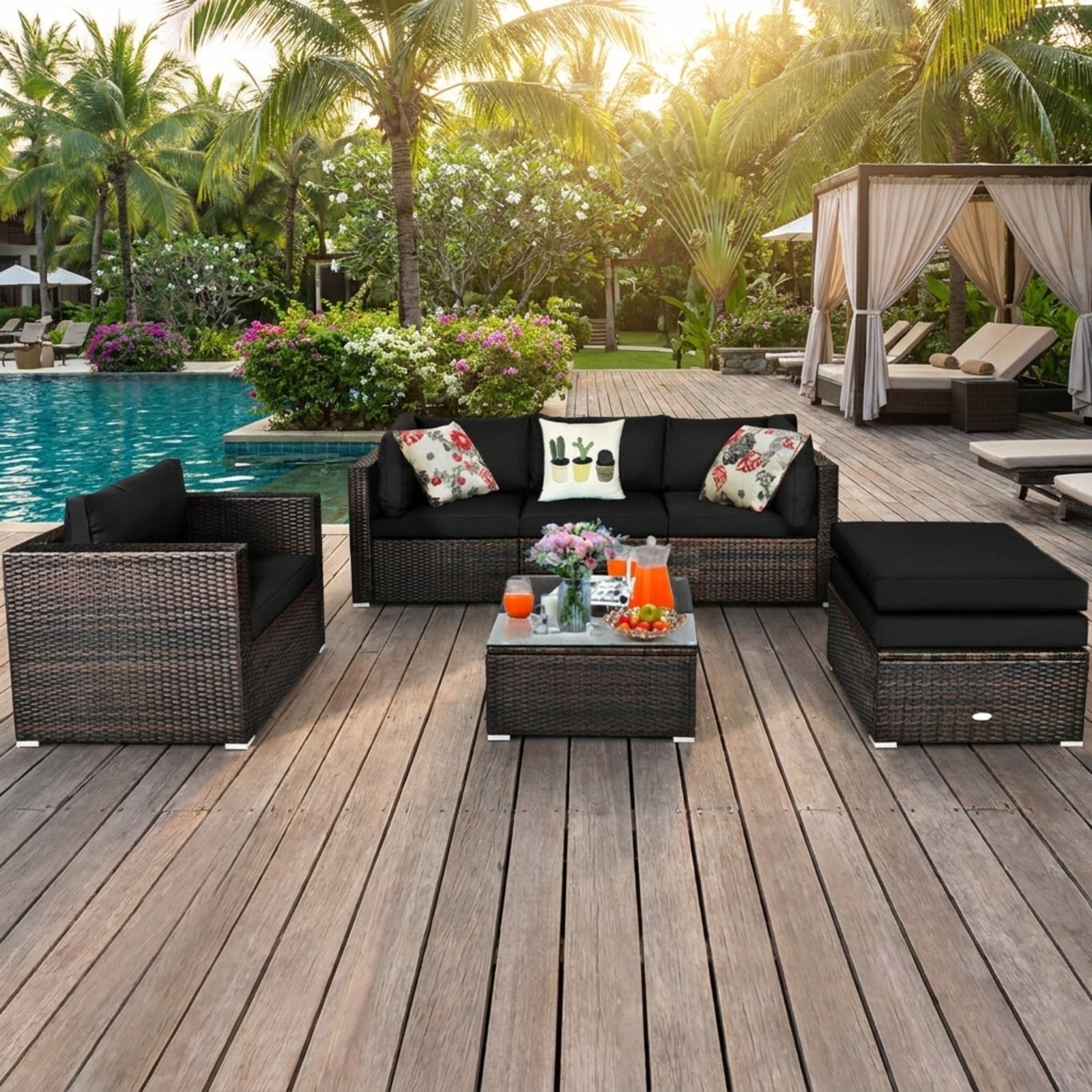Furnibear 6 Piece Patio Furniture Set Outdoor Sectional Sofa PE Wicker Conversation Set with Glass Table and Cushions for Backyard, Black