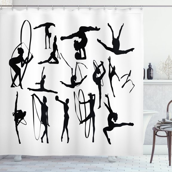 Gymnastics Shower Curtain, Olympic Athlete Silhouettes Aerobics Themed Monochrome Ribbon Dancing Women, Fabric Bathroom Set with Hooks, 69W X 75L Inches Long, Black White, by Ambesonne