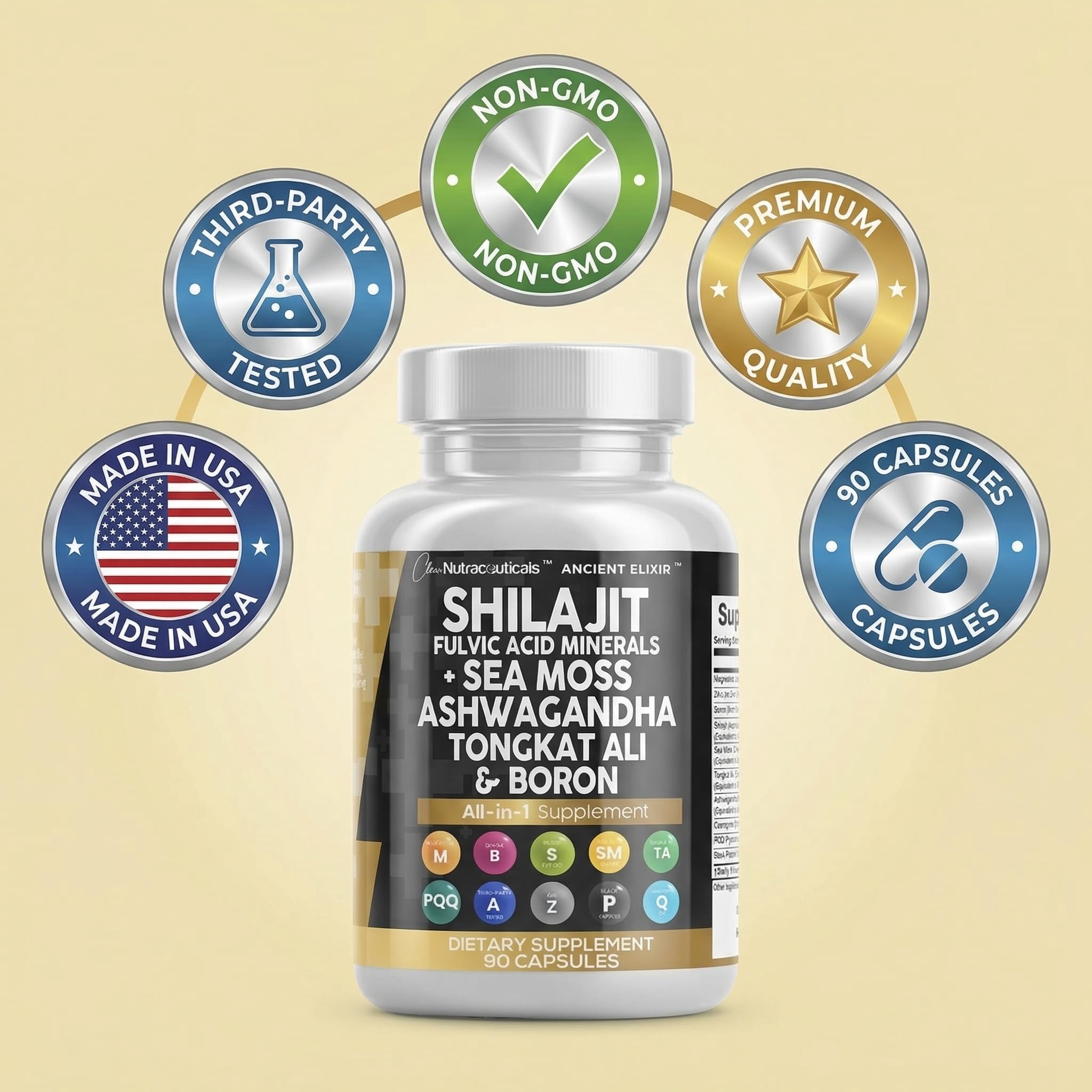 Clean Nutraceuticals Shilajit Supplement for Men with Sea Moss, Tongkat Ali, Ashwagandha, Boron, Zinc, CoQ10, PQQ - Fulvic Acid Capsules - Energy Support - 90 Count - Resin, Gummy & Powder Alternativ