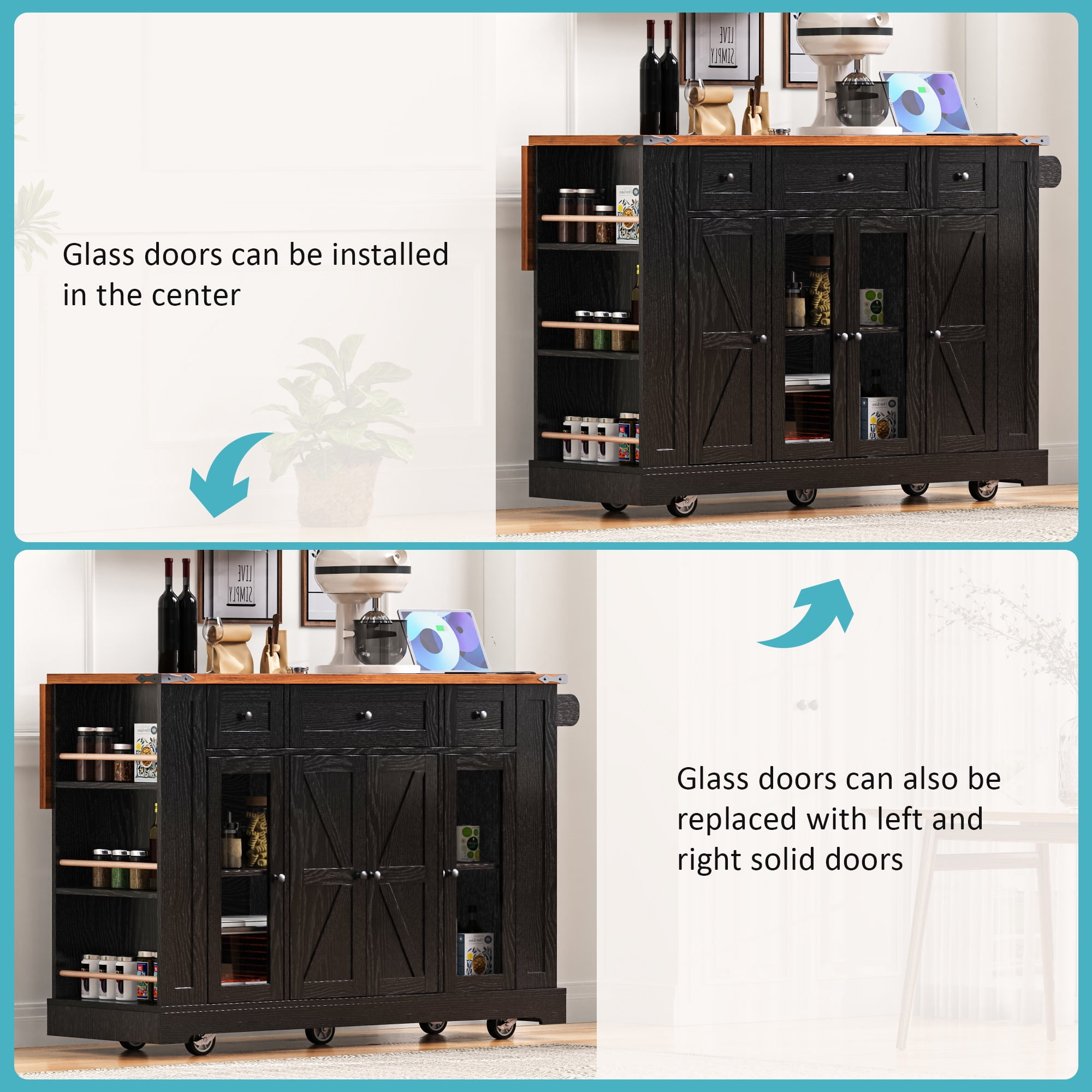 53" Farmhouse Kitchen Island with Tempered Glass Doors, Power Outlets, Drop-Leaf Tabletop, 5 Open Side Shelves & 3 Drawers, Rolling Kitchen Cart for Dining Room, Black