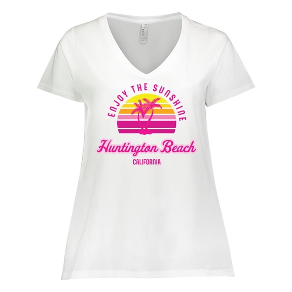 Inktastic Summer Enjoy the Sunshine Huntington Beach California Pink Women's Plus Size V-Neck T-Shirt
