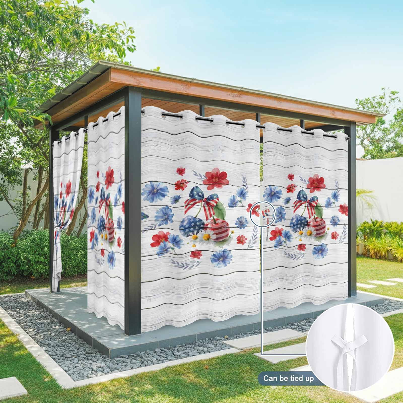Independence Day Cherry Outdoor Curtains for Patio, Patriotic Red Blue Star Floral Bow Wood Grain Sunshade Privacy Drapes Grommet Waterproof Outside Curtains for Porch Balcony 54"x108", 1 Panel