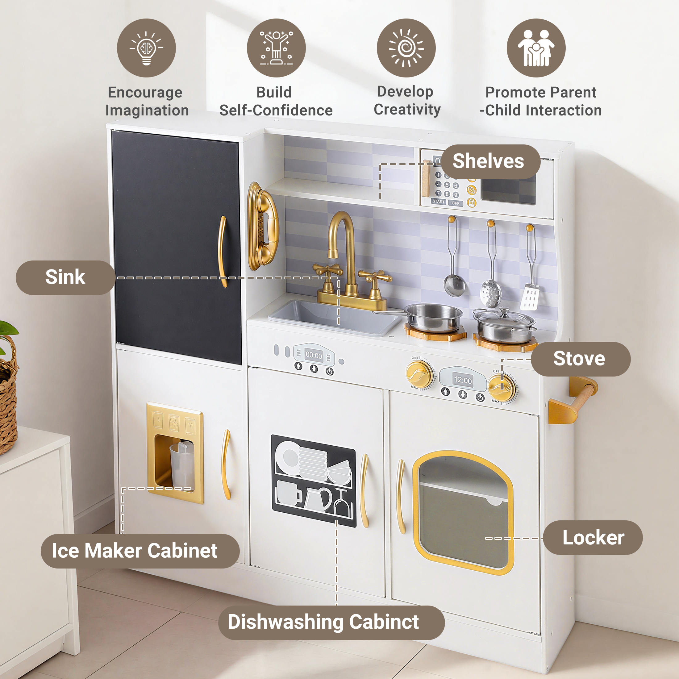 COCLUB Wooden Play Kitchen Playset with Chalkboard and Ice Maker, White photo 7
