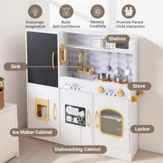 COCLUB Play Kitchen, Wooden Kids Kitchen Playset with Chalkboard, Ice Maker, Play Phone, Cookware Accessories, Microwave Toy Kitchen Gift for Boys Girls Age 3-8 White
