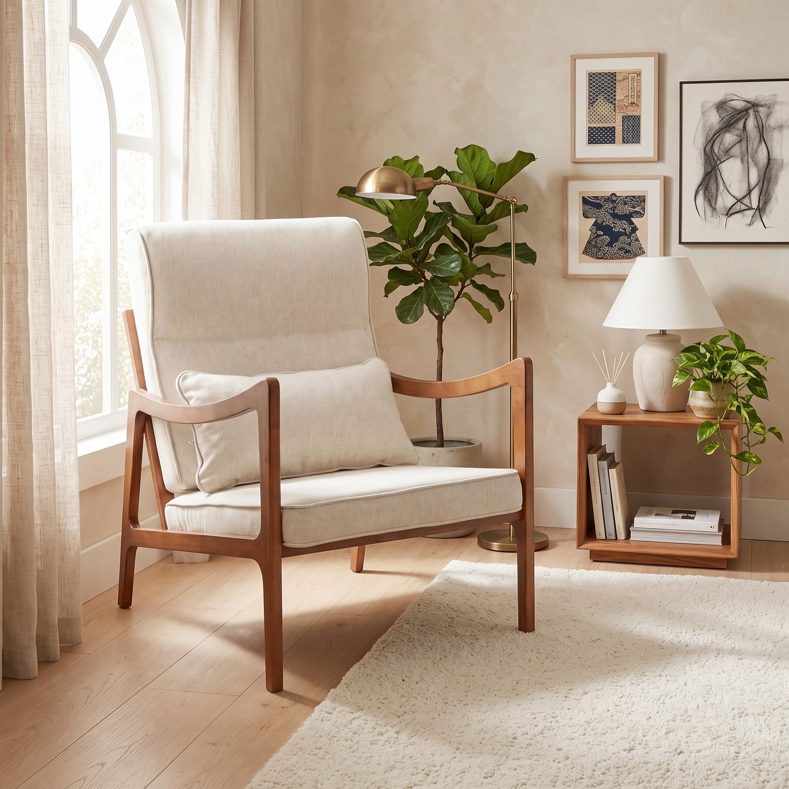 Furnibear Modern Accent Chair, Rubber Wood Faux Leather Upholstered Armchair with Removable Back Cushion, Lumbar Pillow & Padded Seat, Living Room Reading Side, White