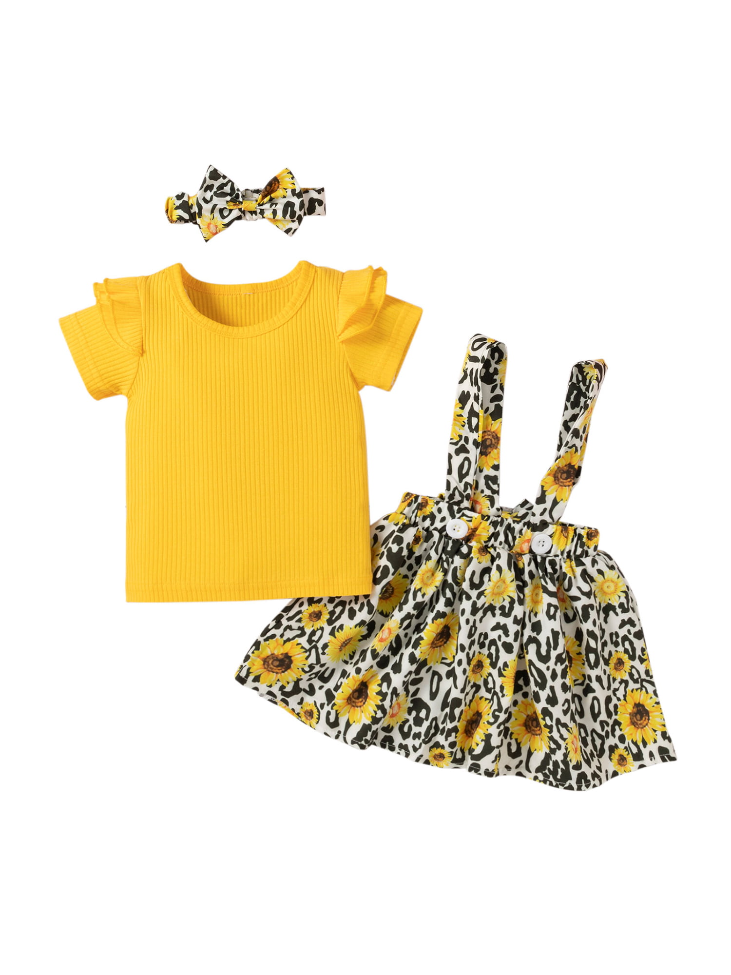 Canrulo 3pcs Infant Baby Girls Clothes Fly Sleeve T Shirts+Sunflowers  Leopard Printed Suspender Skirt + Headband Set Yellow 6-12 Months 