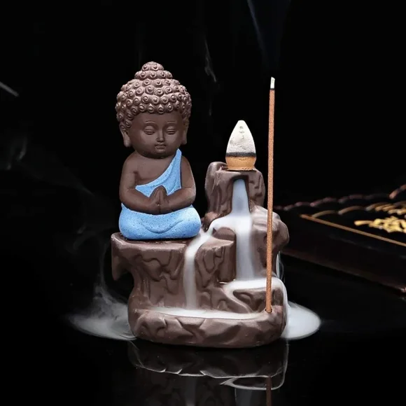 Meditating Monk Buddha Smoke Backflow Cone Incense Holder Decorative Showpiece