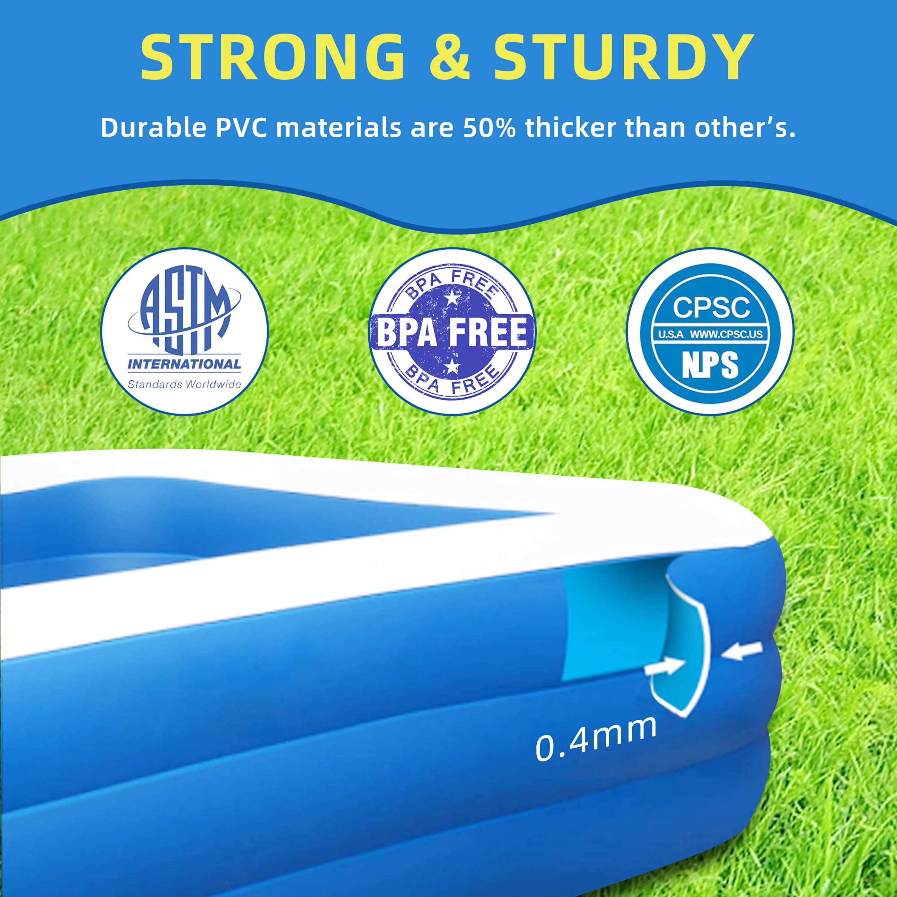 JXXRZ 71"x49"x24" Inflatable PVC Rectangle Swimming Pool for Adults/Kids, Indoor & Outdoor Foldable Pool with Sturdy Mesh & Quick Drain