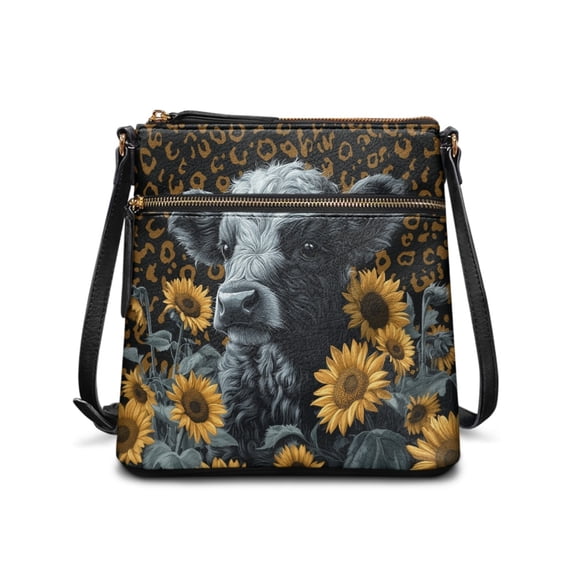 Kuiaobaty Highland Cow Sunflower Print Crossbody Bag for Women, Casual Leopard Print Vegan Leather Shoulder Handbag with Adjustable Strap, Multi Pockets Sling Purse Crossbody for Travel