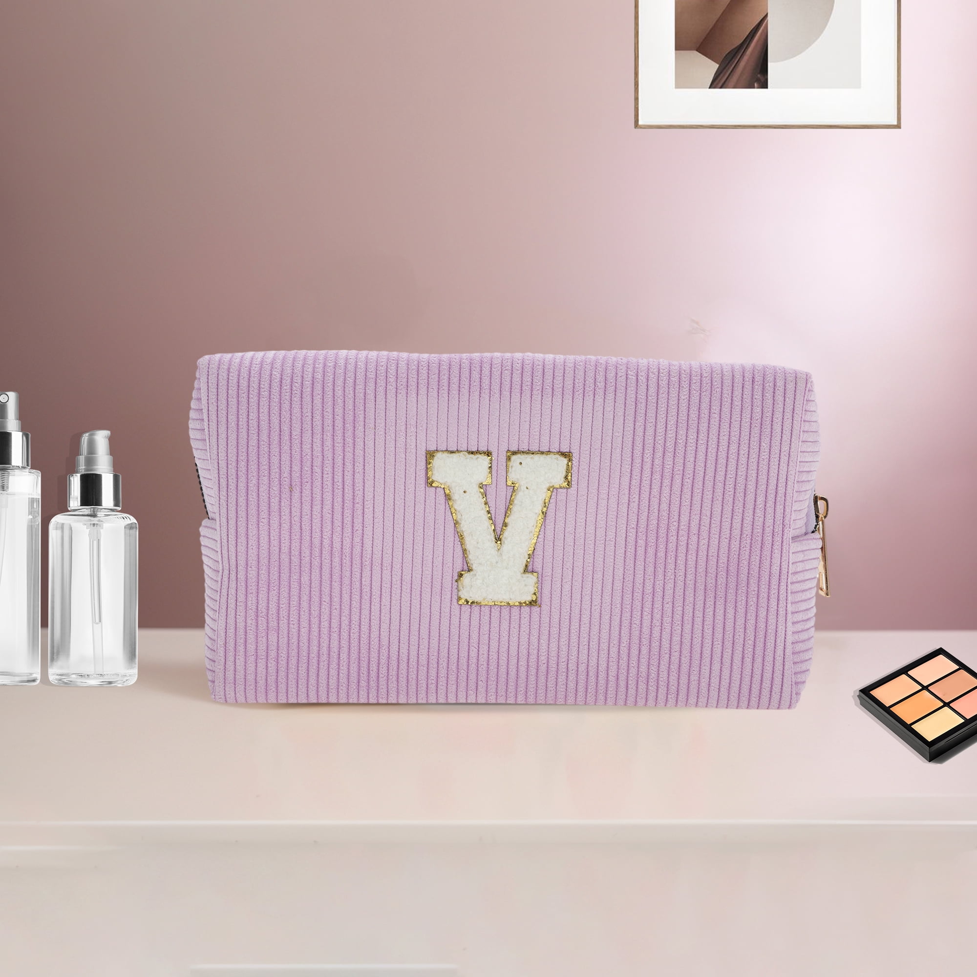Unique Bargains 1 Pc Corduroy Rectangular Letter Makeup Bag Pink Purple [Letter V]