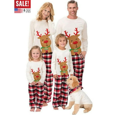 

Christmas Family Matching Pyjama Sets Cute Elk Print Long Sleeve Tops and Plaid Bottoms Holiday Family Pjs Set Nightwear Homewear for Women Adult Kids