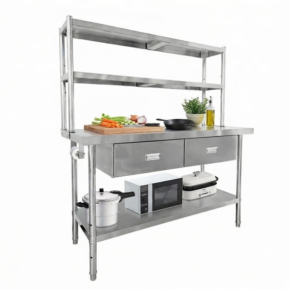 48 Inch Commercial Stainless Steel Work Table with Drawers and Undershelf, 24" Deep Metal Prep Table for Restaurant Garage Kitchen, 2-Tier Heavy Duty Utility Bench