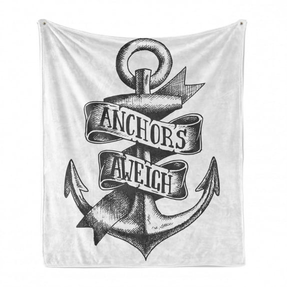 Anchor Soft Flannel Fleece Throw Blanket, Tattoo Style Navy Sketch with Ribbon and Vintage Lettering Insignia, Cozy Plush for Indoor and Outdoor Use, 60" x 80", Charcoal Grey White, by Ambesonne