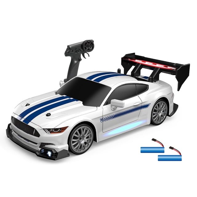 Graflsoa 1:24 Scale 2.4GHz Remote Control Mustang Drift Car with LED Lights, Dual Battery, and Replaceable Wheels (White)