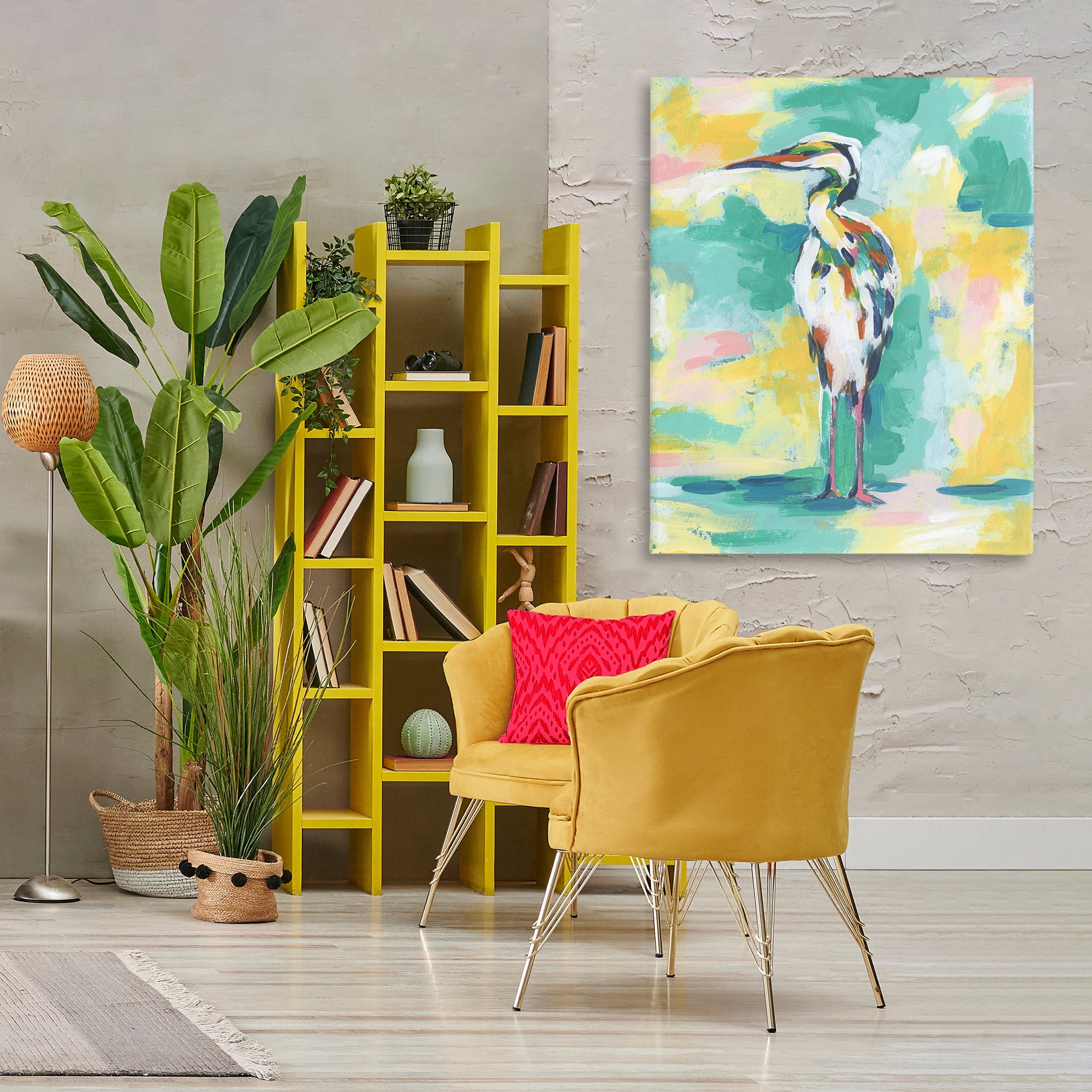 Stupell Industries Blue & Yellow Crane Animals Painting Wrapped Canvas Art Print Wall Art, 36 x 48