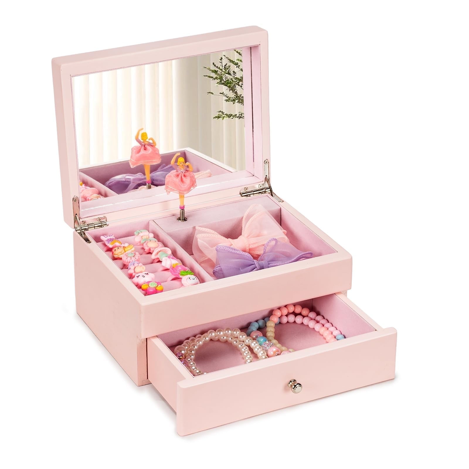 Music Jewelry Box ,Wooden Kids Jewelry Boxes & Organizers with Spinning Dancer for Little Girl Toddler Christmas Birthday New Year,Pink