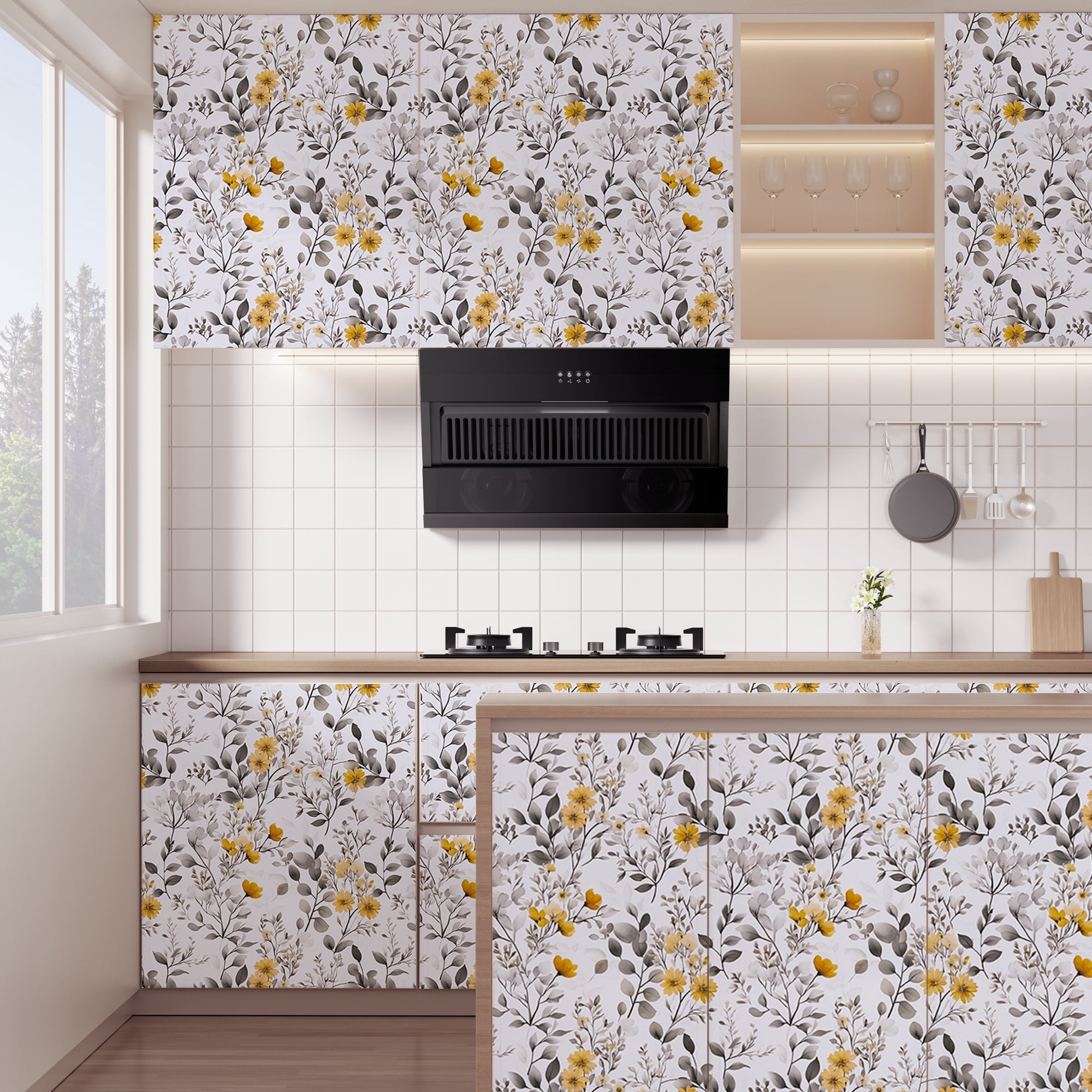 Abyssaly Floral Peel and Stick Wallpaper 17.3 "x 118.1" Yellow Flower and Ink-Wash Leaves Wallpaper Vintage Vinyl Contact Paper Suitable for Home Walls Cabinet Bedroom