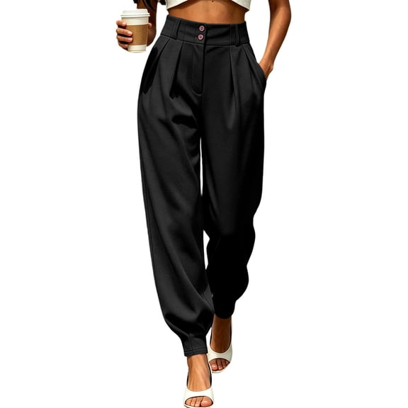 ClodeEU Women's High Waist Button Tapered Dress Pants with Pockets,Business Casual Work Trousers Black,Women's Plus L