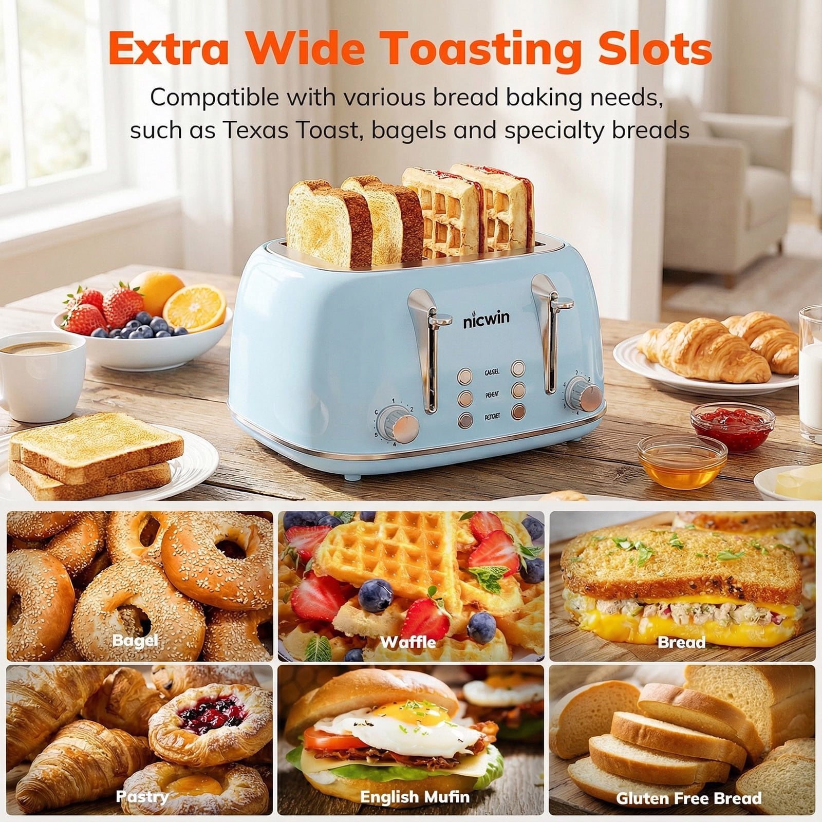 NICWIN 4 Slice Toaster, Extra Wide Slots Bread Toaster, Toast Shade Selector, Defrost & Reheat Functions for Kitchen Apartment Essentials, Blue