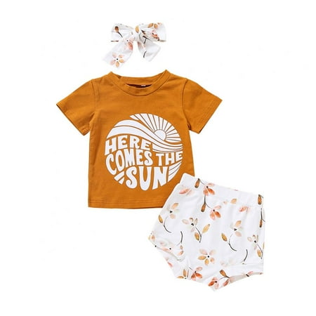 

Maxcozy 3Pcs Baby Girl Summer Clothes Shorts Set Short Sleeve T-shirt Top + Headband 0-18 Months