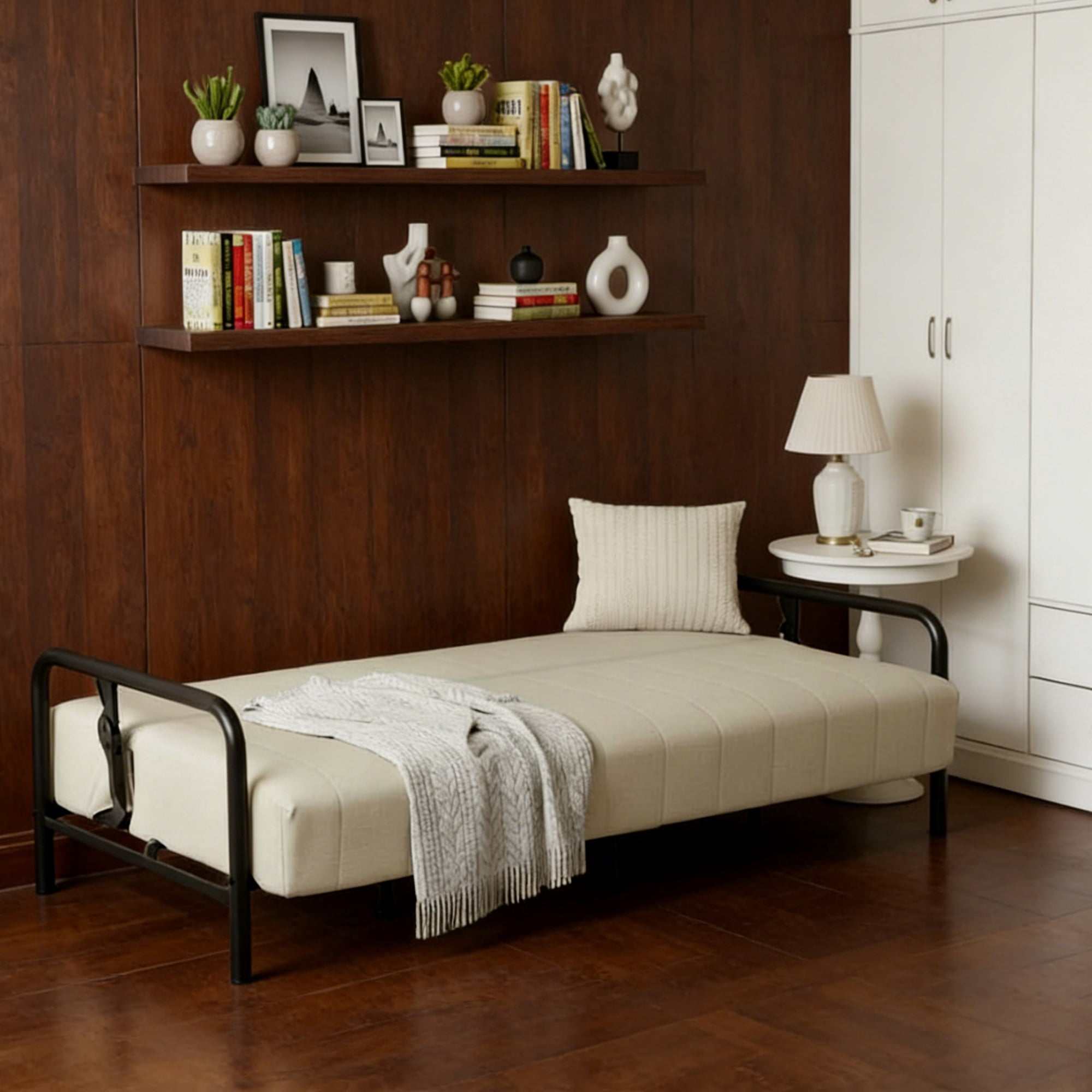 BSHTI 78" Linen Futon Sofa Bed – Convertible Couch with Adjustable Backrest, Soft Breathable Fabric, Metal Frame, Space-Saving for Apartment Living Room Small Space，Beige