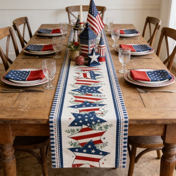 Taicans Patriotic Star Table Runner 13x71 Inch,Red White Blue USA Flag Star Table Cover,4th of July Table Linen with Eucalyptus for Memorial Day,Independence Day,Veterans Day Kitchen Dining Decor