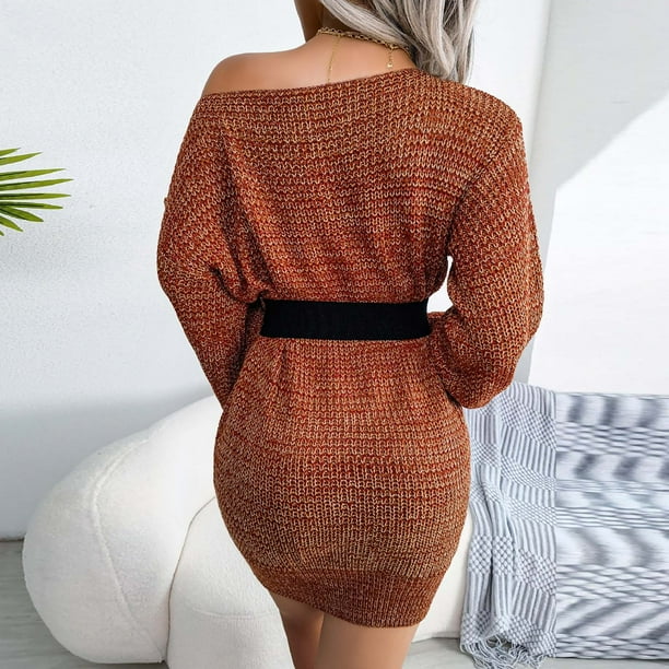 Vestidos para mujer Vestidos de otono Moda de otono e invierno Cuello de una palabra Fuera del hombro Manga de linterna Vestido de sueter de punto