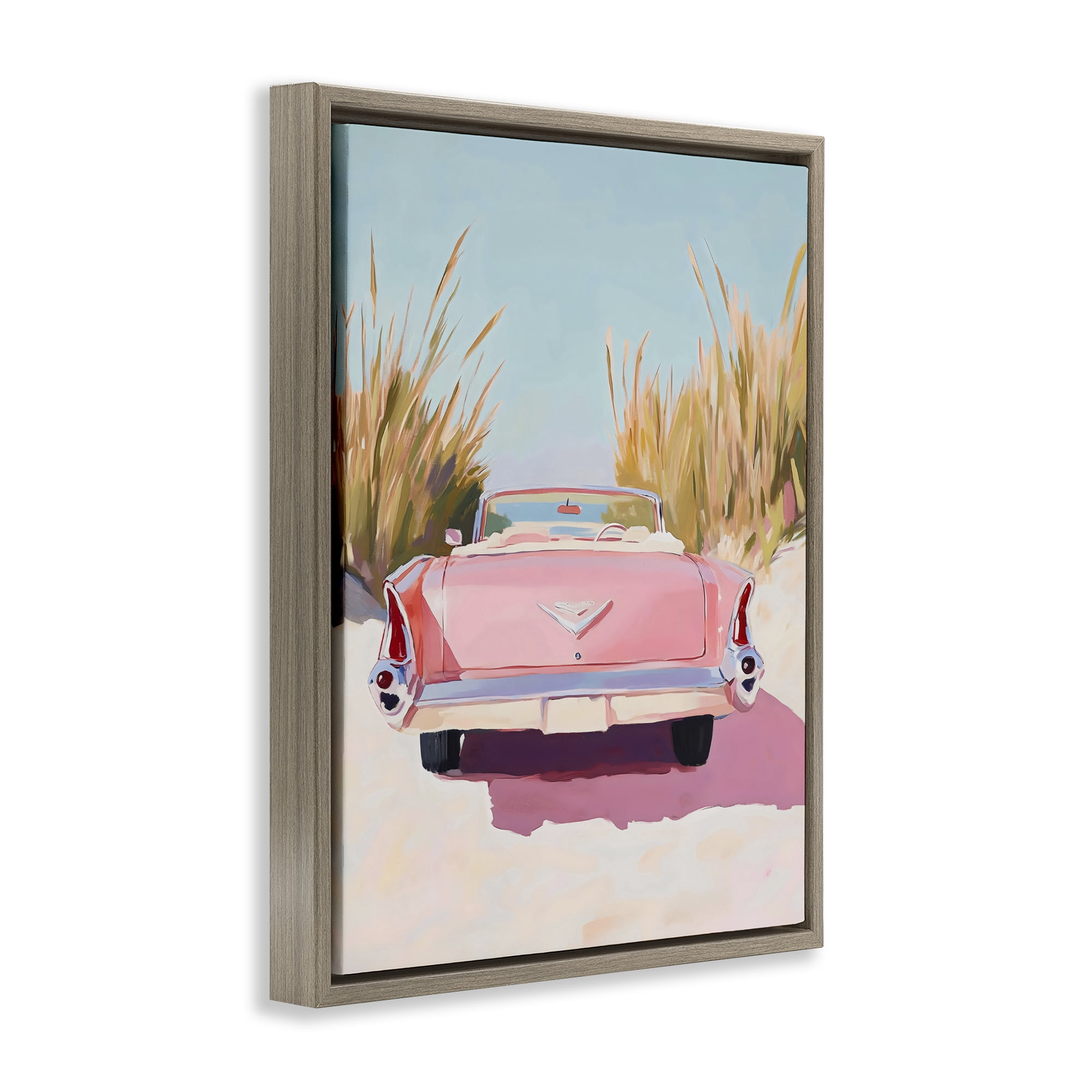 Stupell Industries Pink Cadillac on Beach Brown Framed Floater Canvas Wall Art, design by The Prints Vibe