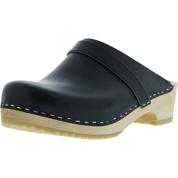 Swedish Hasbeens Women's Husband Black / Nature Sole Leather Clogs - 7M