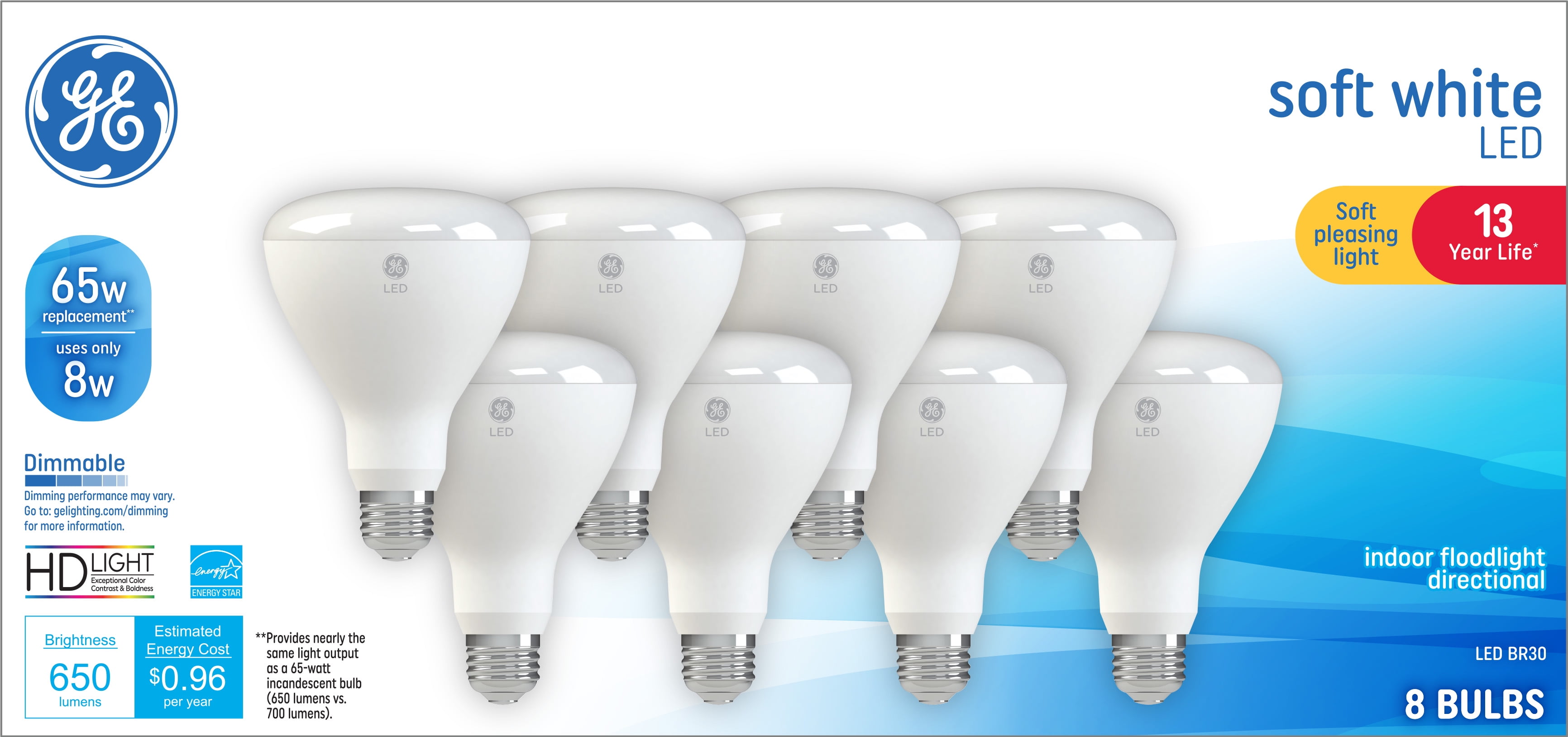 GE Soft White LED Floodlight Bulbs, 65 Watt Eqv, BR30 Indoor Floodlights, 13 year, 8pk