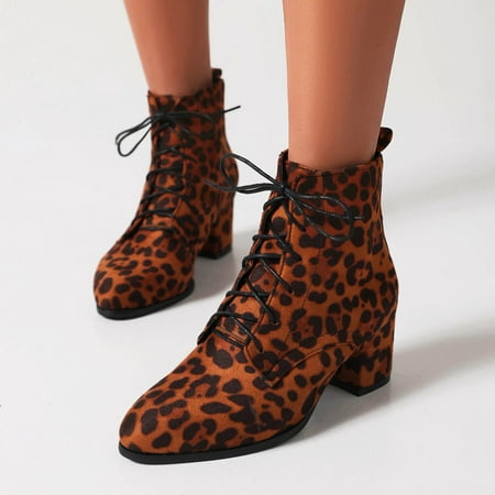 

Ankle Boots Fashion Women s Shoes Suede Thick Heel High Heeled Leopard Printing Front Lace Up Short Boots