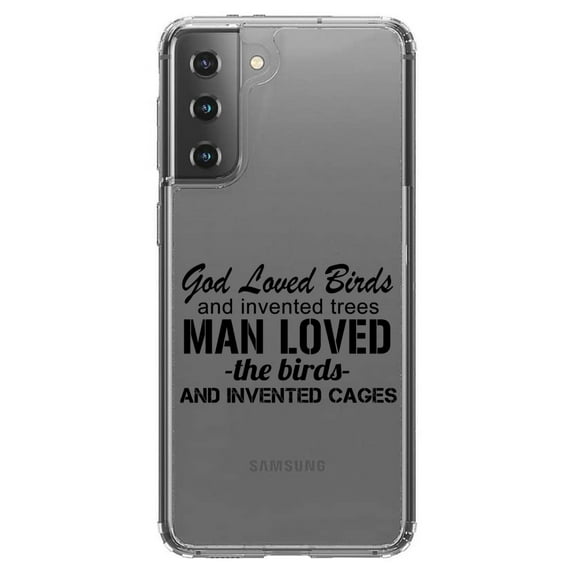 DistinctInk Clear Shockproof Hybrid Case for Galaxy S21  PLUS 5G (6.7" Screen) - TPU Bumper Acrylic Back Tempered Glass Screen Protector - God Loved Birds - Trees, Cages