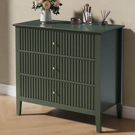 Fluted Dresser 3 Drawer Bedroom Storage Cabinet and Nightstand, Green For Daily Life